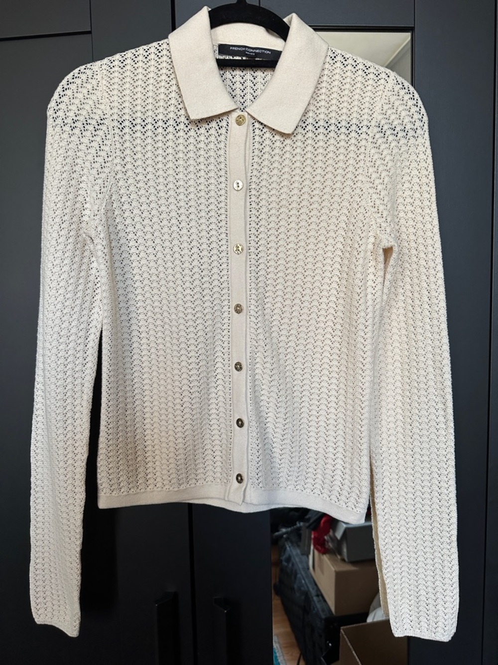 French Connection Cream Open-Knit Polo Button Cardigan